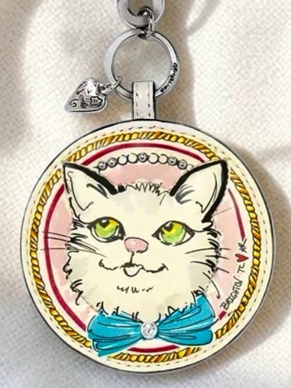 Brighton Paris Blooms sparkle kitty Leather bag charm keychain NWT $65 MSRP